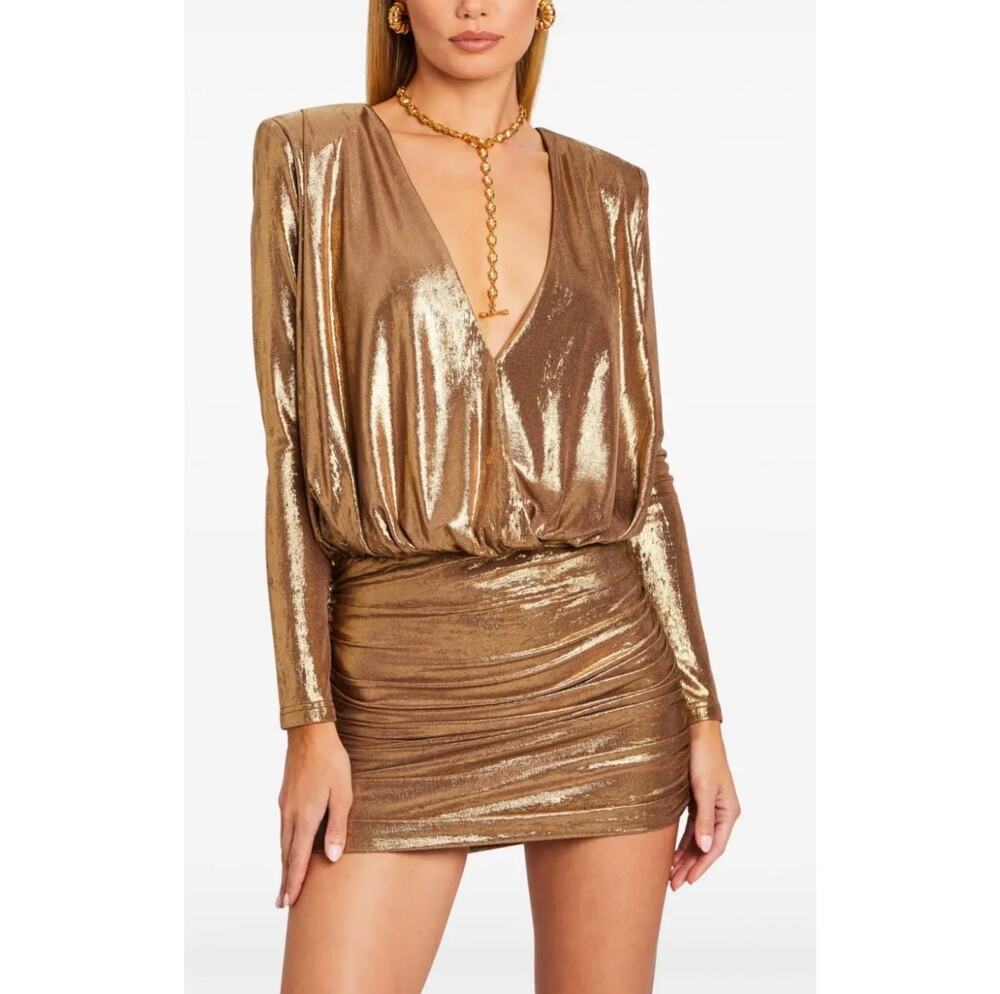 Retrofete Marilyn Dress S Bronze Gold Metallic Open Back Mini NWT